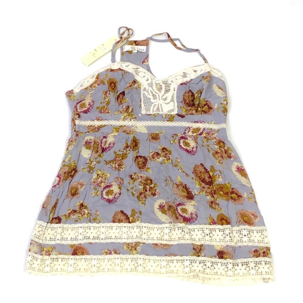 Aniina Blue Floral Lace Long Tank Top